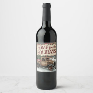 Etiqueta Para Botella De Vino Vintage Christmas Truck Home para las vacaciones