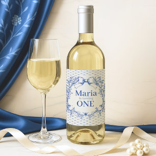 Etiqueta Para Botella De Vino Vintage Coquette Blue Bow primer cumpleaños