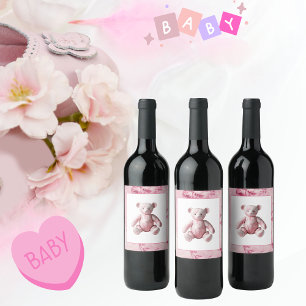 Etiqueta Para Botella De Vino Vintage Elegant Pink Toile Teddy Bear Celebración