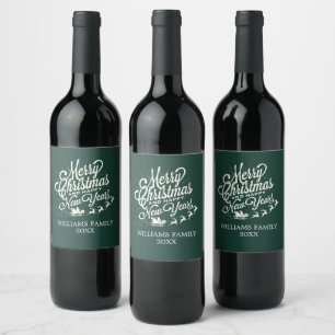 Etiqueta Para Botella De Vino Vintage Feliz Navidad Feliz Año Nuevo Verde oscuro