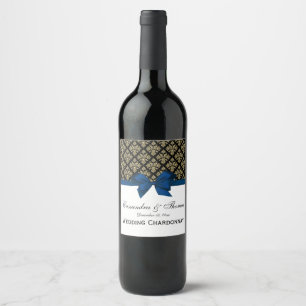 Etiqueta Para Botella De Vino Vintage Gold Black Damask Navy Blue Bow
