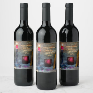 Etiqueta Para Botella De Vino Vintage Happy Halloween Velas Rojas y Viejos Libro