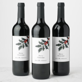 Etiqueta Para Botella De Vino Vintage Holly Red Berries Merry Christmas Name
