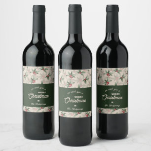 Etiqueta Para Botella De Vino Vintage Holly y Berries Feliz Navidad