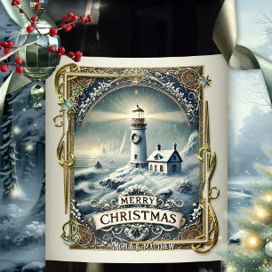Etiqueta Para Botella De Vino Vintage Lighthouse Nautical Navidades