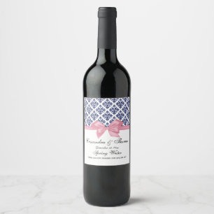 Etiqueta Para Botella De Vino Vintage Navy Blue Wt Damask W Pink Bow