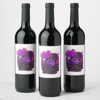 Etiqueta Para Botella De Vino Violet Magical Floral Bouquet in Golden Frame