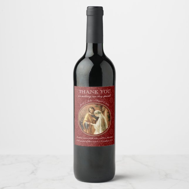 Etiqueta Para Botella De Vino Virgen Católica María Maroon Damask (Anverso)