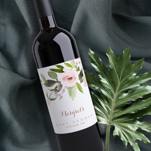 ETIQUETA PARA BOTELLA DE VINO WASH DE COLOR SUTIL RUBOR PINK FLORAL BABY SHOWER