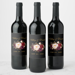 Etiqueta Para Botella De Vino Watercolor Burgundy Boda Floral Black Gold