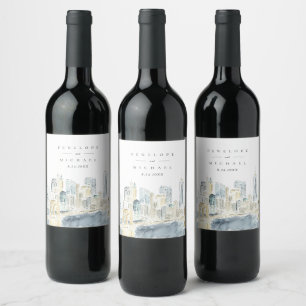 Etiqueta Para Botella De Vino Watercolor Nueva York Boda del Skyline