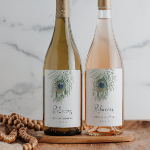 Etiqueta Para Botella De Vino Watercolor Peacock Feather Bridal Shower Favor