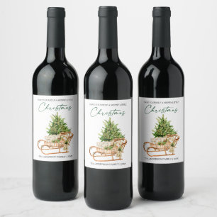 Etiqueta Para Botella De Vino Watercolor Pines Sleigh Calligraphy Ink Holiday