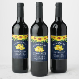Etiqueta Para Botella De Vino Watercolor Sunflowers Limoncello Blue Wood Labs