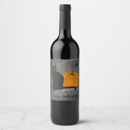 Etiqueta Para Botella De Vino Whimsical Black Cat Happy Halloween