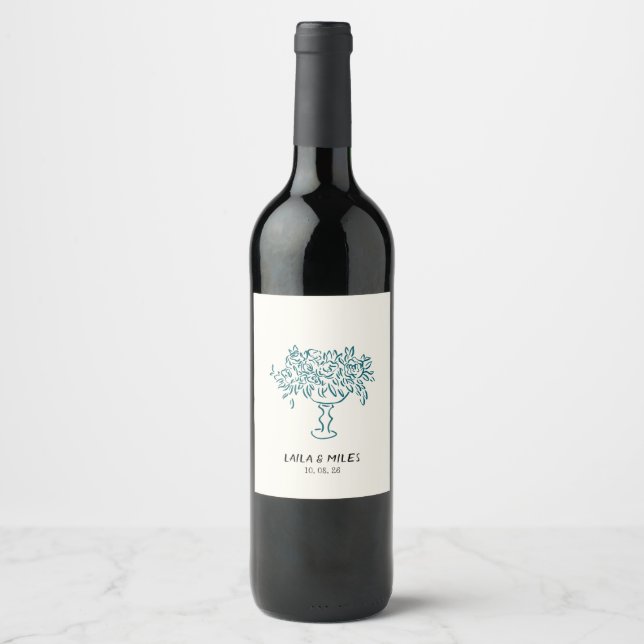 Etiqueta Para Botella De Vino Whimsical flowers wedding hand drawn (Anverso)