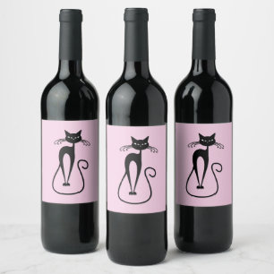 Etiqueta Para Botella De Vino Whimsical Skinny Black Cat Rosa