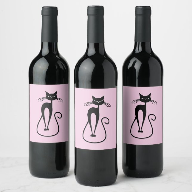 Etiqueta Para Botella De Vino Whimsical Skinny Black Cat Rosa (Botellas)