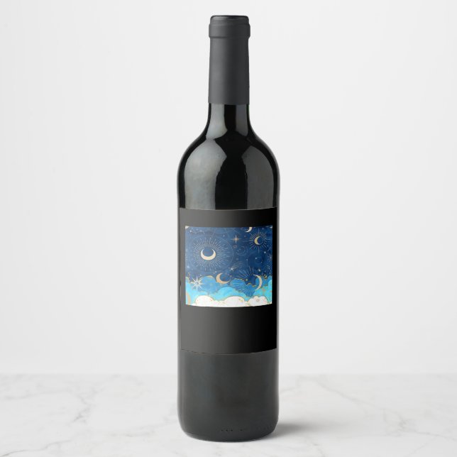 Etiqueta Para Botella De Vino Whimsigoth Clouds Sun Moon WitchClassic (Anverso)