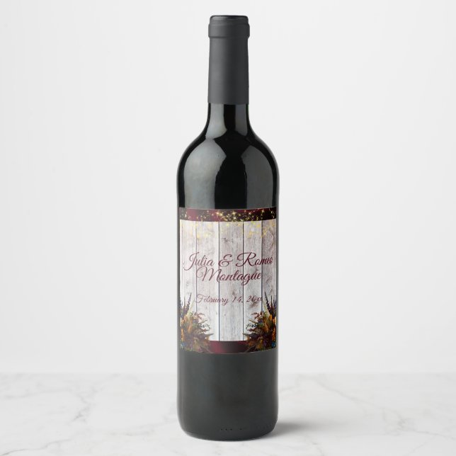 Etiqueta Para Botella De Vino Wildflowers, Ribbon & Lights Wedding - Burgundy (Anverso)