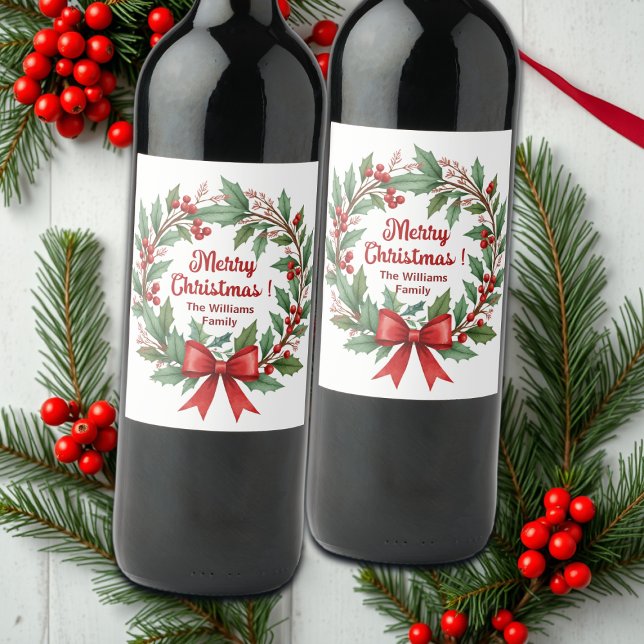 Etiqueta Para Botella De Vino Winter Berries Wreath Red Bow (Subido por el creador)