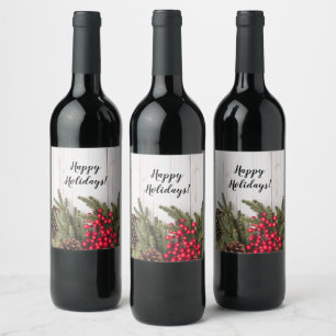Etiqueta Para Botella De Vino Wreath and Holly Holiday Collection
