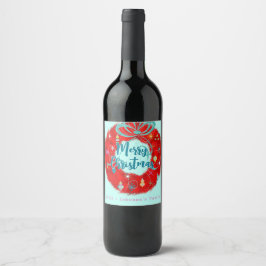 Etiqueta Para Botella De Vino Wreath de los Navidades Retro Rojo