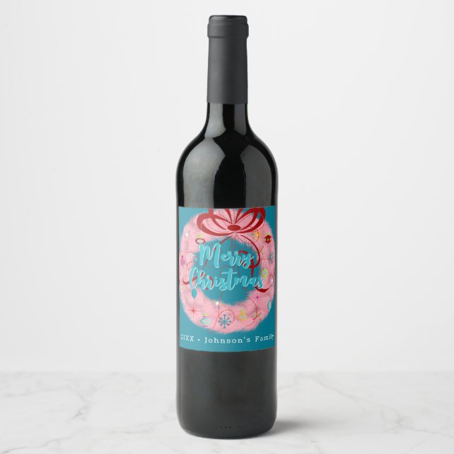 Etiqueta Para Botella De Vino Wreath de Navidades Retro Rosado (Anverso)