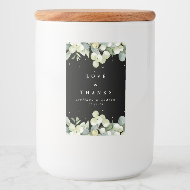 Etiqueta Para Comida Boda de Invierno Black Snowberry+Eucalyptus (Anverso)