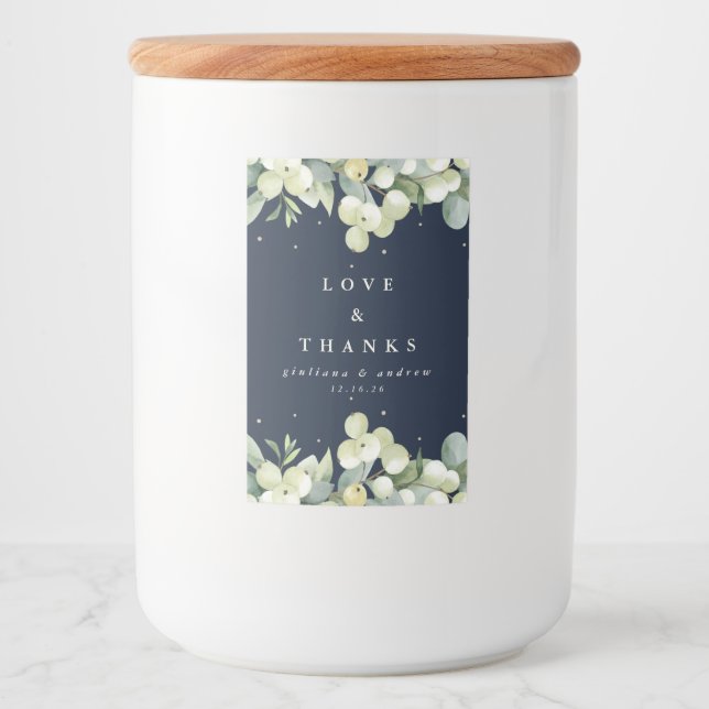 Etiqueta Para Comida Boda de invierno Navy Snowberry + Eucalipto (Anverso)