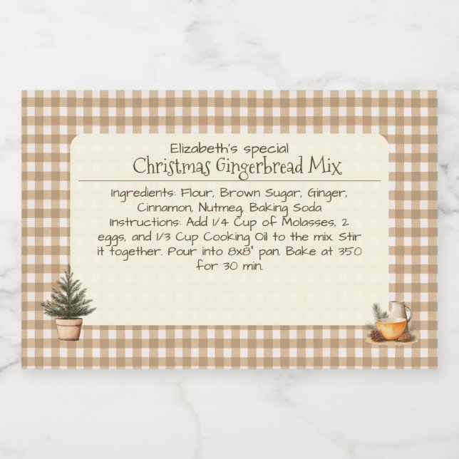 Etiqueta Para Comida Christmas Gingerbread Mix Brown Gingham Labels (Etiqueta única)