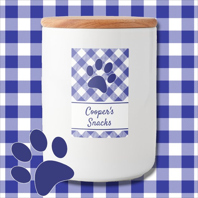 Etiqueta Para Comida Classic Blue White Gingham Pattern Paw Name (Subido por el creador)