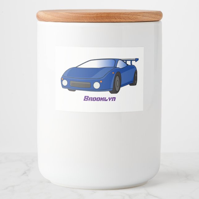 Etiqueta Para Comida Coche deportivo azul con ilustración de alerón (Anverso)