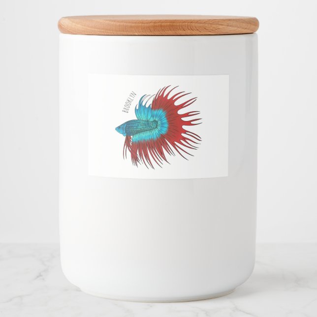 Etiqueta Para Comida Crowntail betta fish cartoon illustration (Anverso)