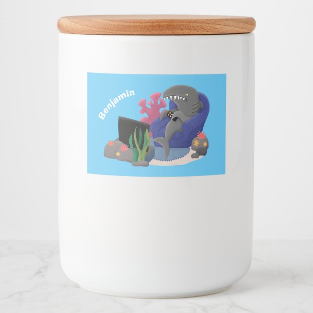 Etiqueta Para Comida Divertido tiburón viendo al personalizado de telev (Anverso)