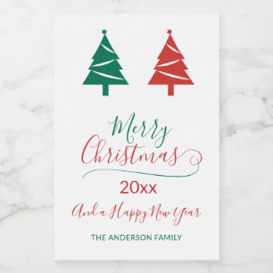 Etiqueta Para Comida Feliz Navidad con verdes árboles de Navidad