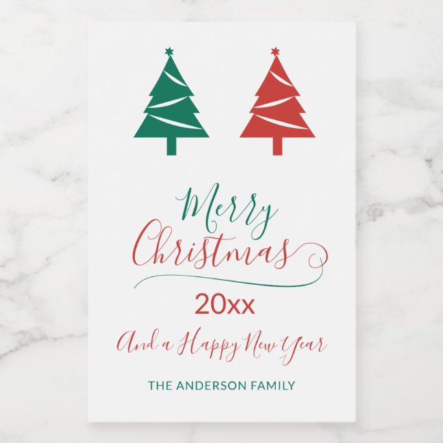 Etiqueta Para Comida Feliz Navidad con verdes árboles de Navidad (Etiqueta única)