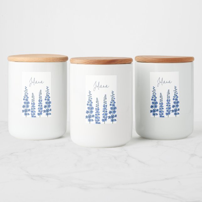 Etiqueta Para Comida Flores de delfino azul de julio (Botellas)