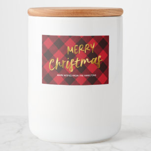 Etiqueta Para Comida Navidad con Cuadro Rojo de Búfalo y Letra de Oro