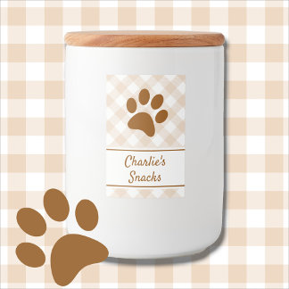 Etiqueta Para Comida Nombre de pata con patrón de gingham blanco beige 