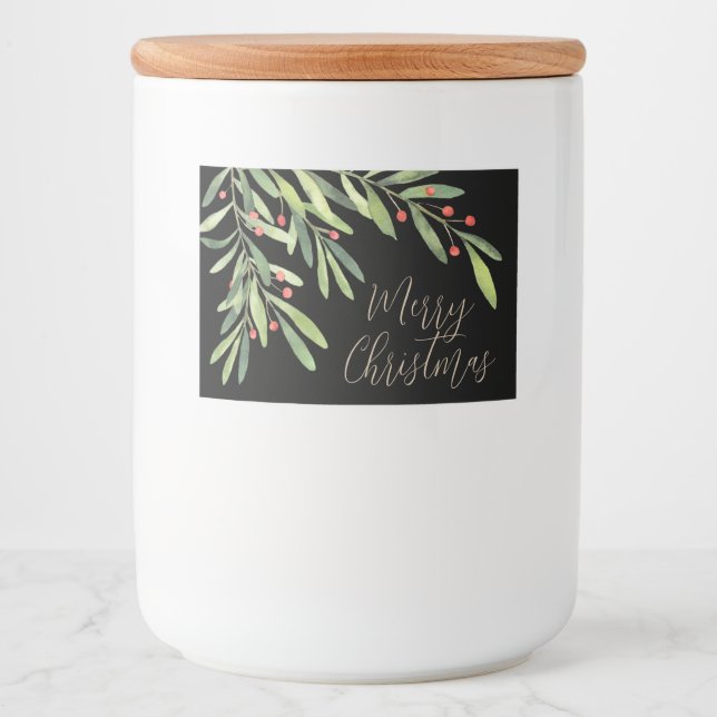 Etiqueta Para Comida Ramas Bayas Navidad Fiesta Negro (Anverso)