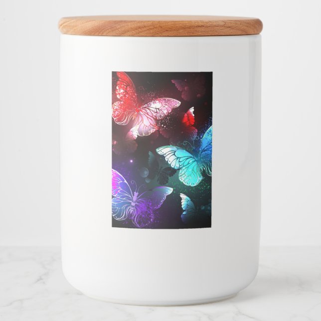 Etiqueta Para Comida Tres mariposas brillantes en el fondo nocturno (Anverso)