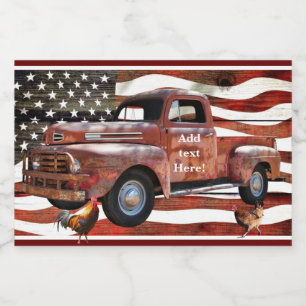 Etiqueta Para Comida Vintage Red Truck Bandera Americana Rooster Hen