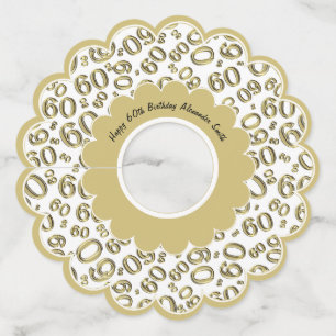 Etiqueta Para Copas De Vino 60.o oro feliz del cumpleaños y tema blanco del
