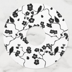 Etiqueta Para Copas De Vino Aves con motivos blancos y negros en flores de cer