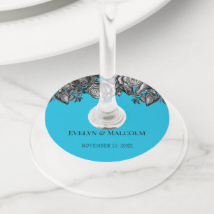 Etiqueta Para Copas De Vino Boda azul eléctrico de rosas negras y blancas