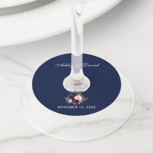 Etiqueta Para Copas De Vino Boda Floral Azul de Borgoña