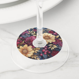 Etiqueta Para Copas De Vino Borgoña, Oro y Floral Naval