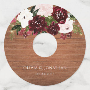 Etiqueta Para Copas De Vino Borgoña rústica y Boda floral de Rubor