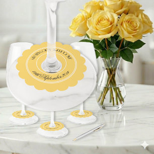 Etiqueta Para Copas De Vino Celebración de Boda Amarillo Soleado Escritura Ele